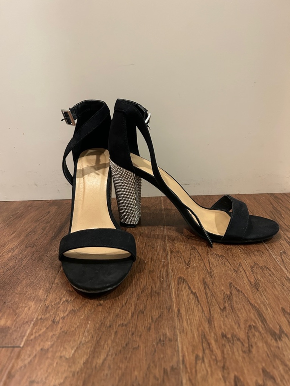 BAMBOO Black Suede Open-Toe Ankle-Strap Heels with Rhinestone Block Heel